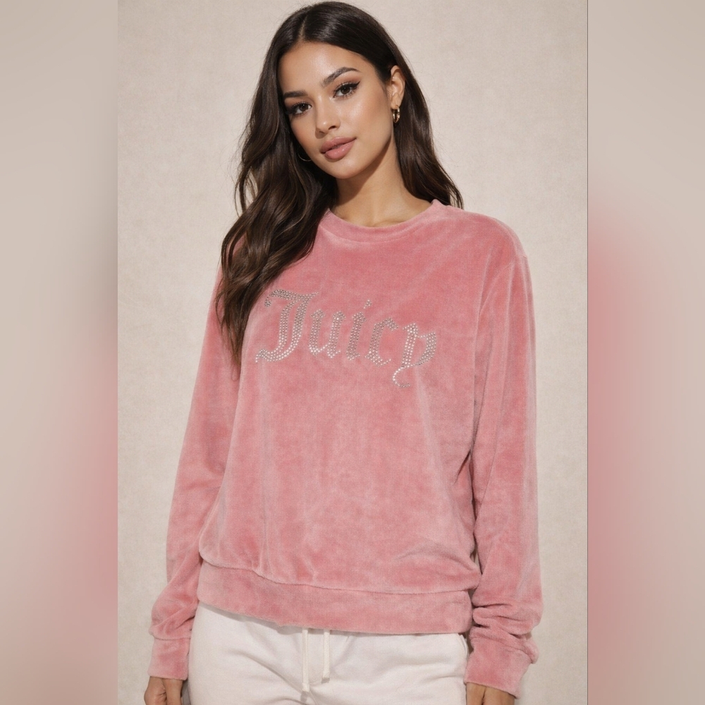 Juicy Couture Pink Velour Crew With Rhinestone "Juicy" logo Large